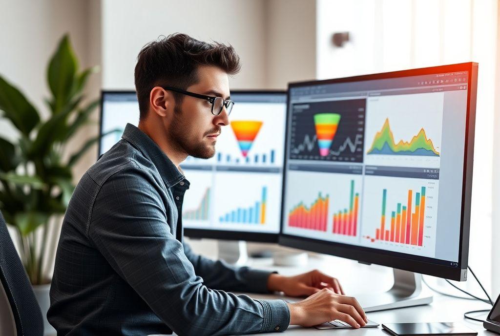 Analyst comparing conversion funnel charts across two monitors
