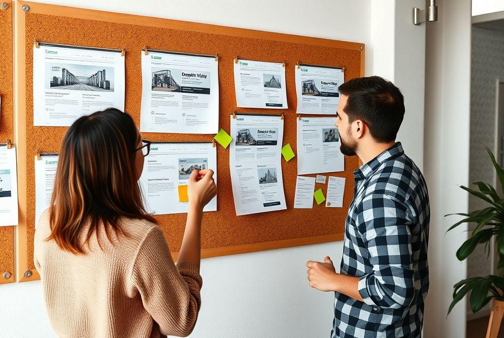 Designers reviewing homepage layouts pinned to a critique wall