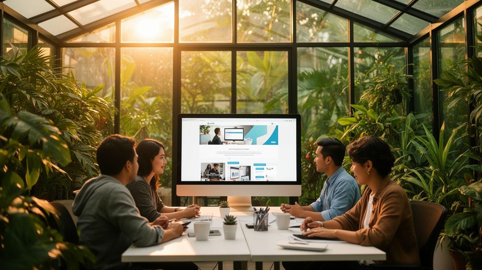 GardenLink designers reviewing website layouts in a plant-filled Kuala Lumpur studio