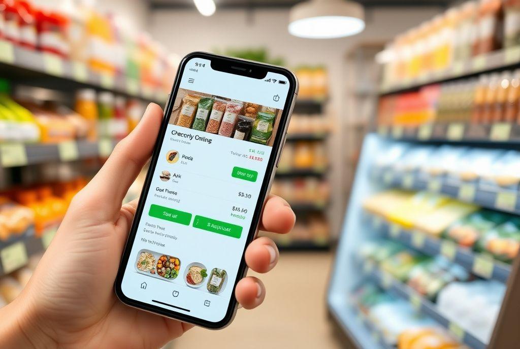 Specialty grocery online store screens showing simplified checkout
