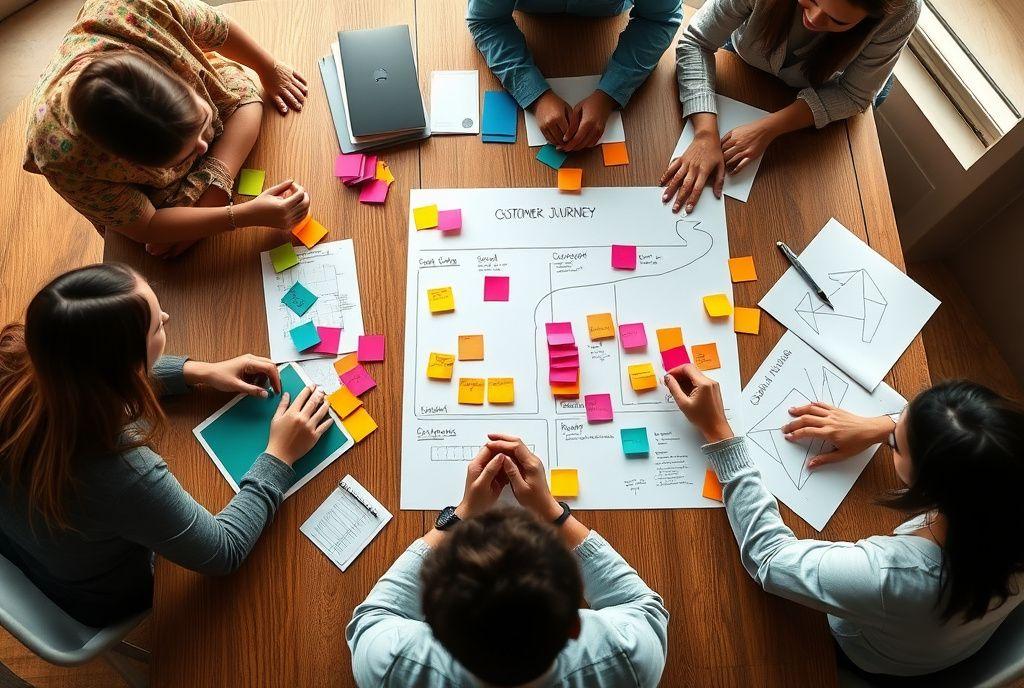 Customer journey mapping session with cards arranged on a table