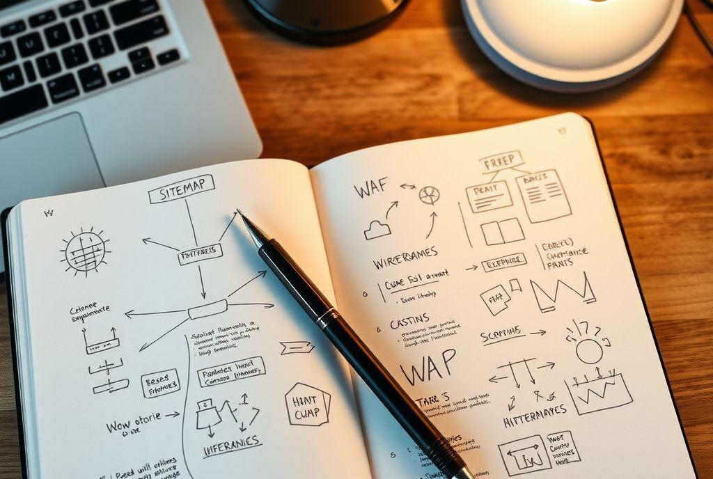 Planning notebook and sitemap sketches on a desk beside a laptop