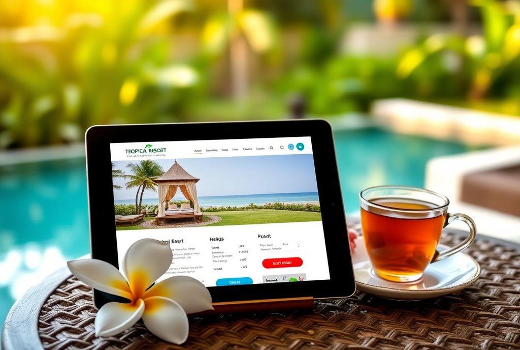 Resort website booking pages shown on tablet against a tropical backdrop