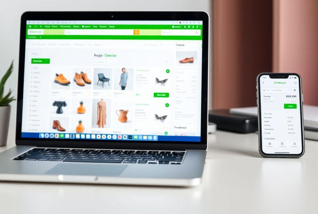 E-commerce product and checkout screens displayed on laptop and phone