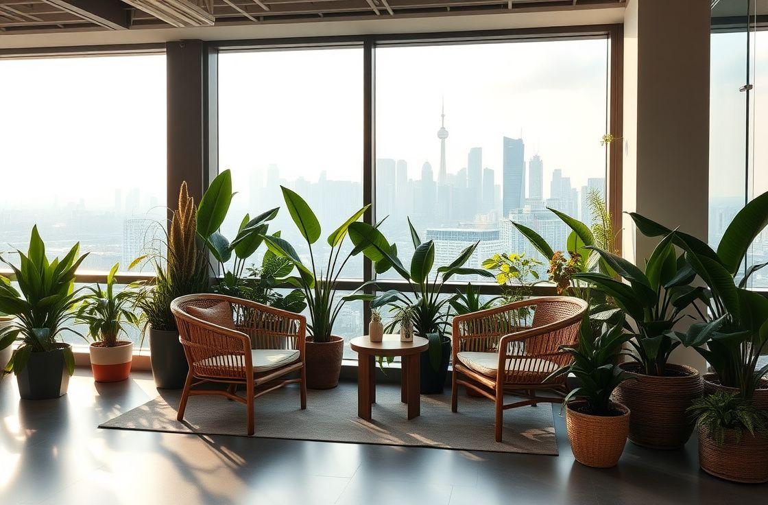 The GardenLink studio lounge with plants and a view over Kuala Lumpur